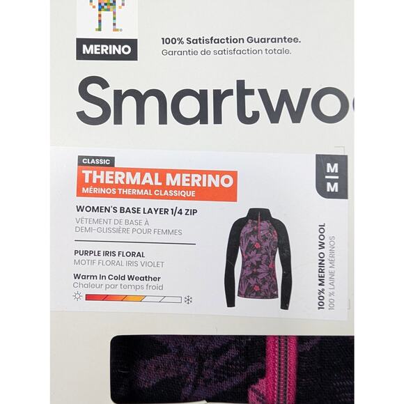 Smartwool Women's Medium 1/4 Zip Merino Wool Base Layer Top Purple Iris Floral - Picture 7 of 9